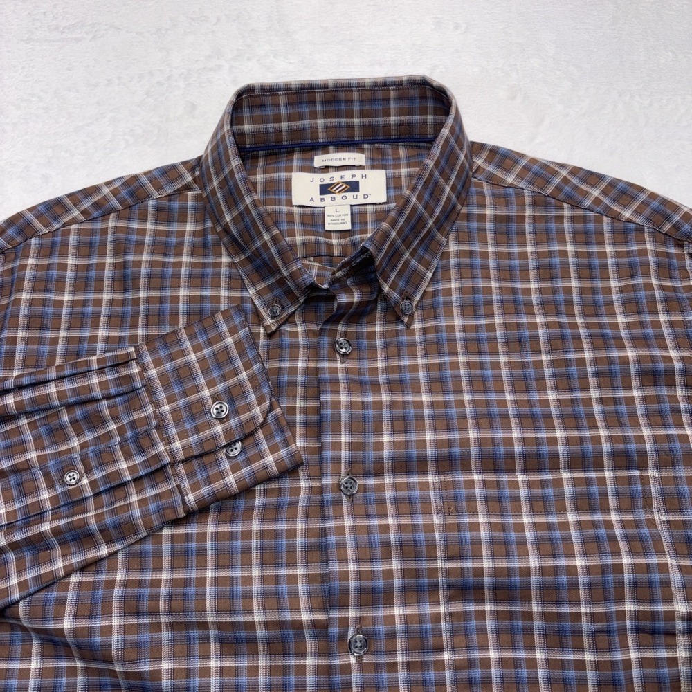 Joseph Abboud Shirt Men's Large Brown and Blue Plaid Long Sleeve Casual
